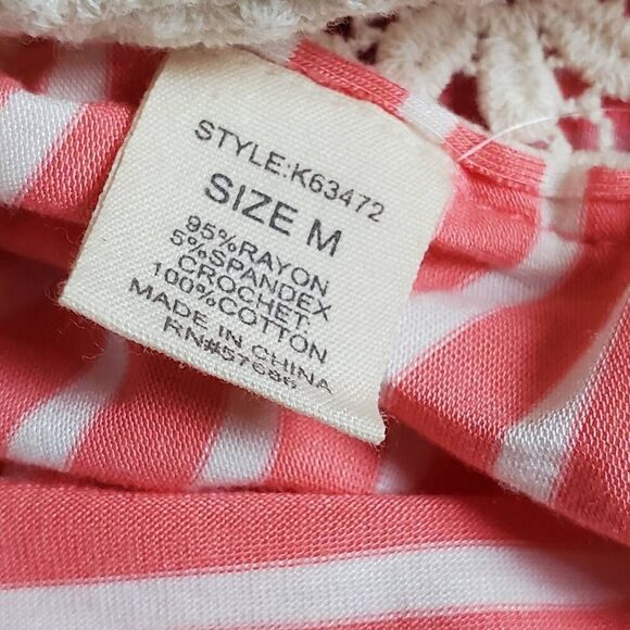 Paper + Tee Coral Striped Tank Top M Crochet Lace Sides Sleeveless Casual - Picture 6 of 7